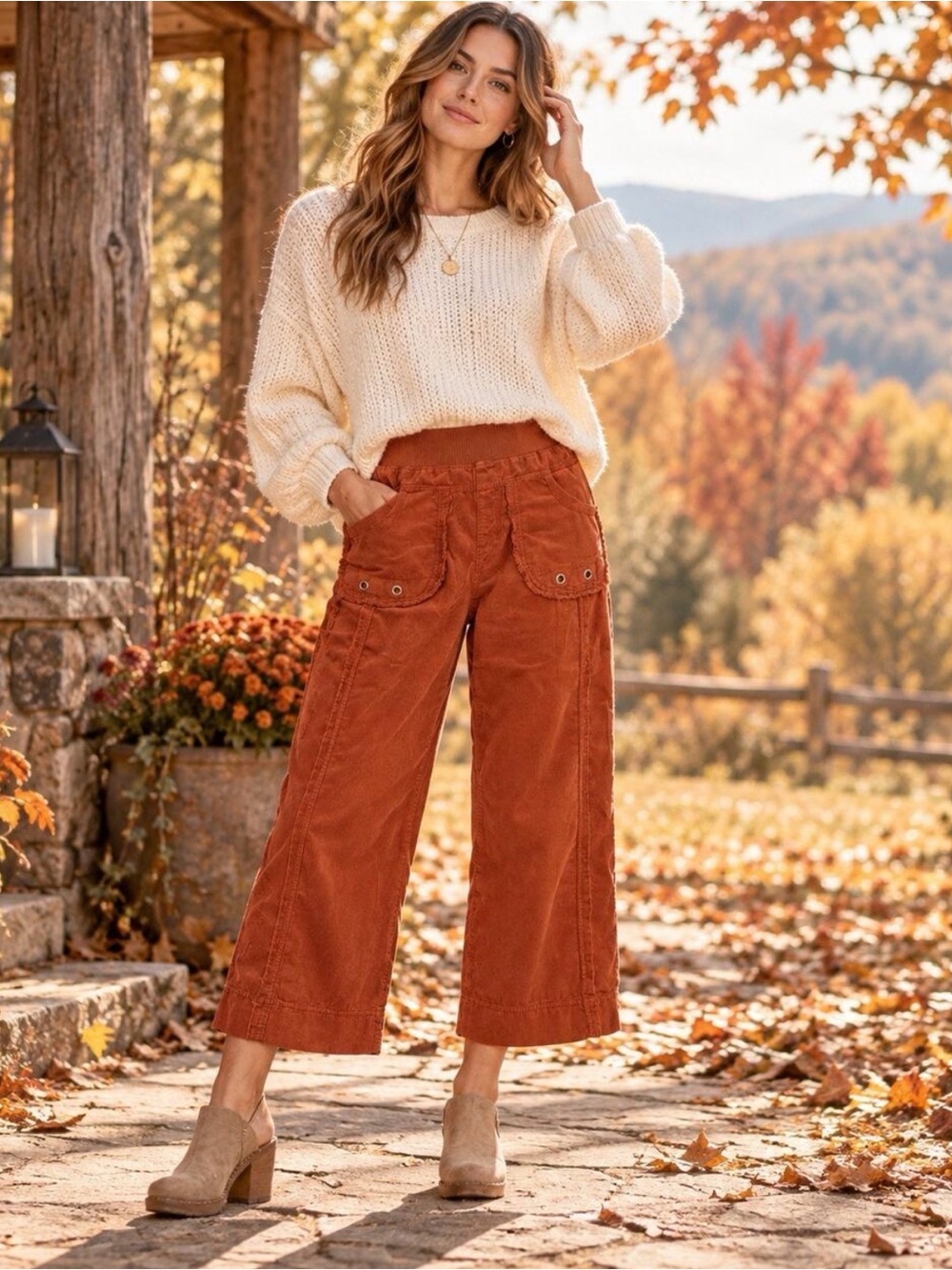 Wearables By XCVI Corduroy Trumble Pants Wide Leg Crop Russet Size XL